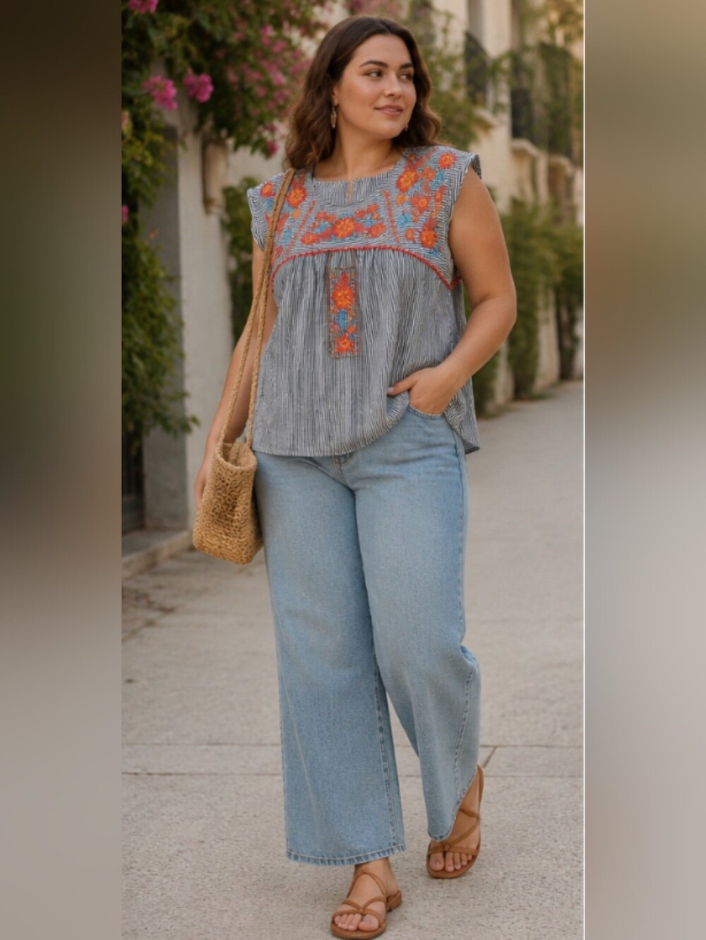Savanna Jane 100% Rayon Gray & White Striped Summer Top Size L